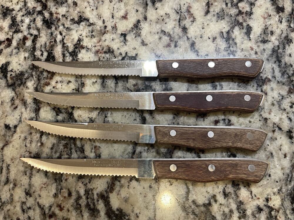 Vintage Maxam Steel Serrated Steak Knives Set of 4 Wood Handles Stainless